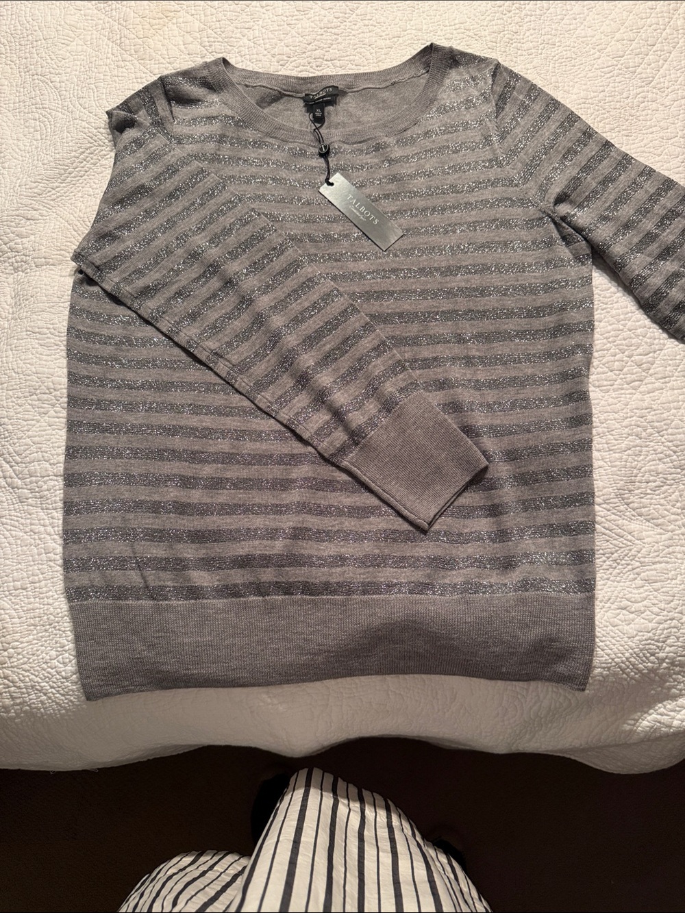 New Talbots Sparkly Stripe Crewneck Sweater - Gray/Silver